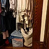 Leo joined the competition — help win amazing prizes! cat, closet, clothing, basket, denim, folded_clothes, wood_floor, wood_paneling, hanging_clothes, storage_bin, fabric, indoor, pet, curious, black_and_white, cozy, hidden, home, casual, textile