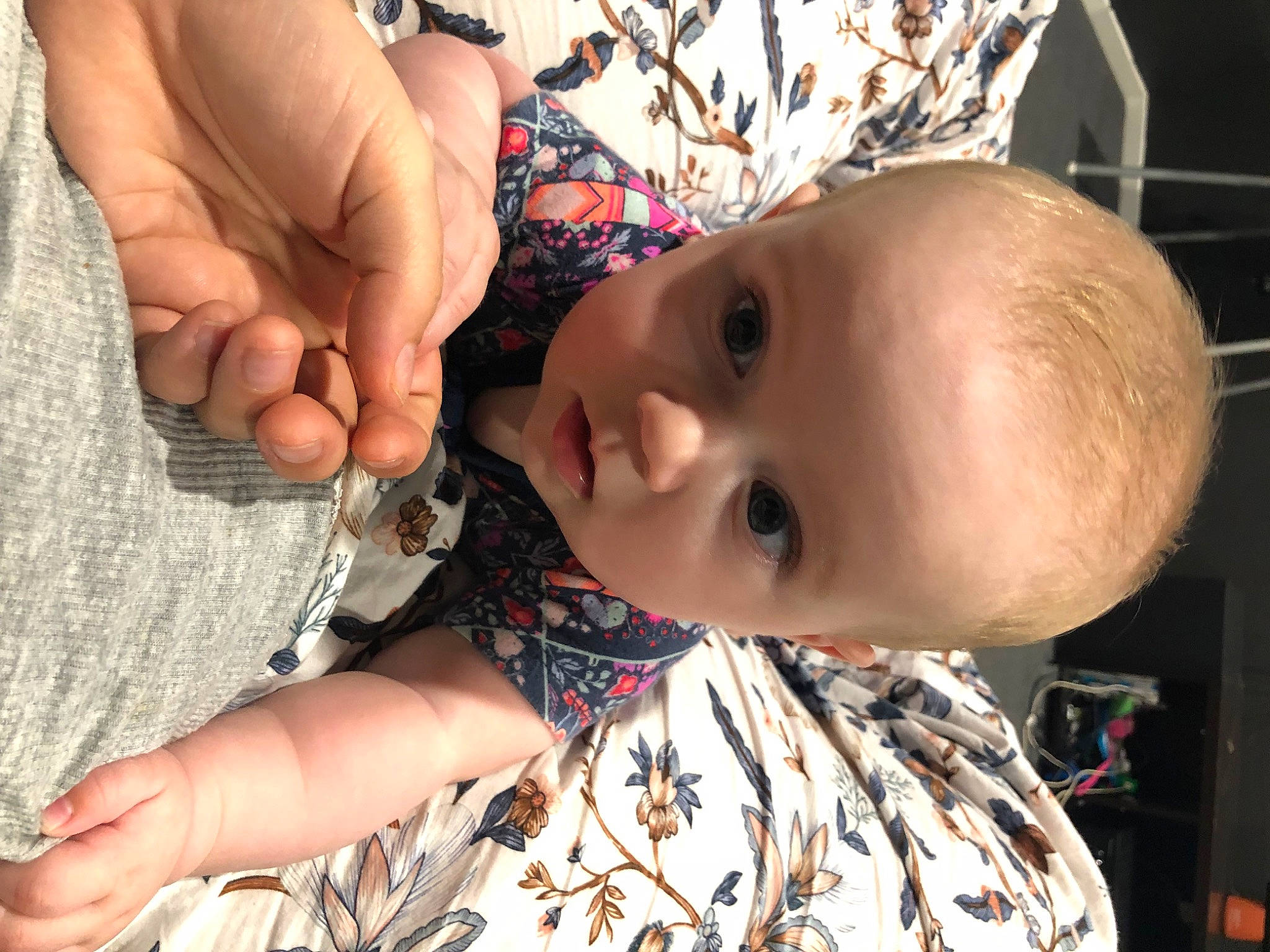 Hailey joined the competition — help win amazing prizes! baby, baby_toddler_clothing, cheek, child, eye, eyelash, finger, gesture, hand, happy, head, nail, nose, pattern, person, skin, sleeve, thumb, toddler, wood