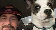 Cochise joined the competition — help win amazing prizes! beard, black_patches, cap, car_interior, casual, collar, companion, dog, friendship, happy, indoors, man, night, pet, seat, selfie, smile, tattoo, white_dog, window