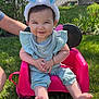 Addison is registered to the contest to win money with this photo: baby, child, toddler, bunny_ears, headband, pink_chair, grass, outdoor, smiling, happy, greenery, sunlight, person, cute, playful, summer, nature, foot, clothing, hand