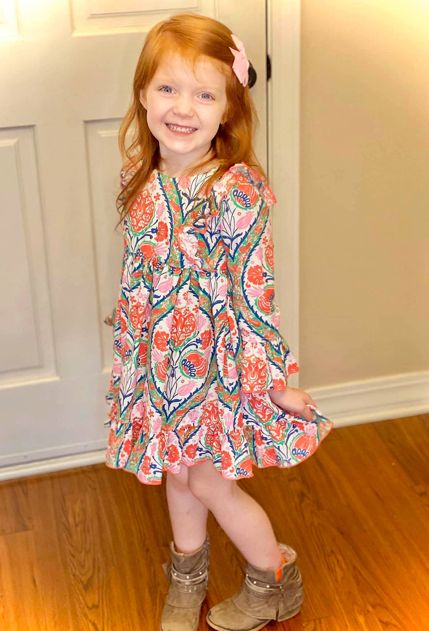 Paisley joined the competition — help win amazing prizes! child, child_model, clothing, day_dress, design, dress, footwear, joy, long_hair, outerwear, pattern, peach, person, pink, shoe, shoulder, sleeve, smile, toddler, visual_arts