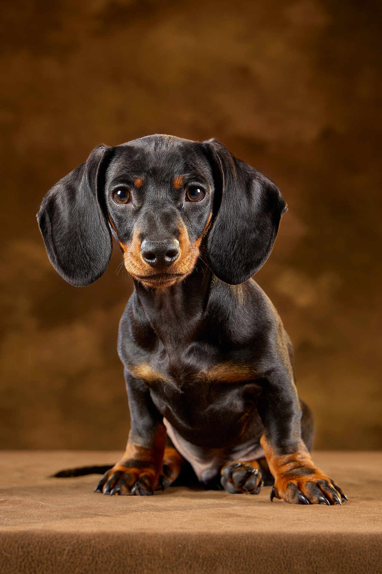 Gustave participe au concours pour gagner de l'argent avec cette photo : adorable, animal, animal_portrait, black_and_tan, brown_background, dachshund, dog, eyes, gaze, long_ears, nose, paws, pet, portrait, puppy, short_legs, sitting, smooth_coat, studio, whiskers