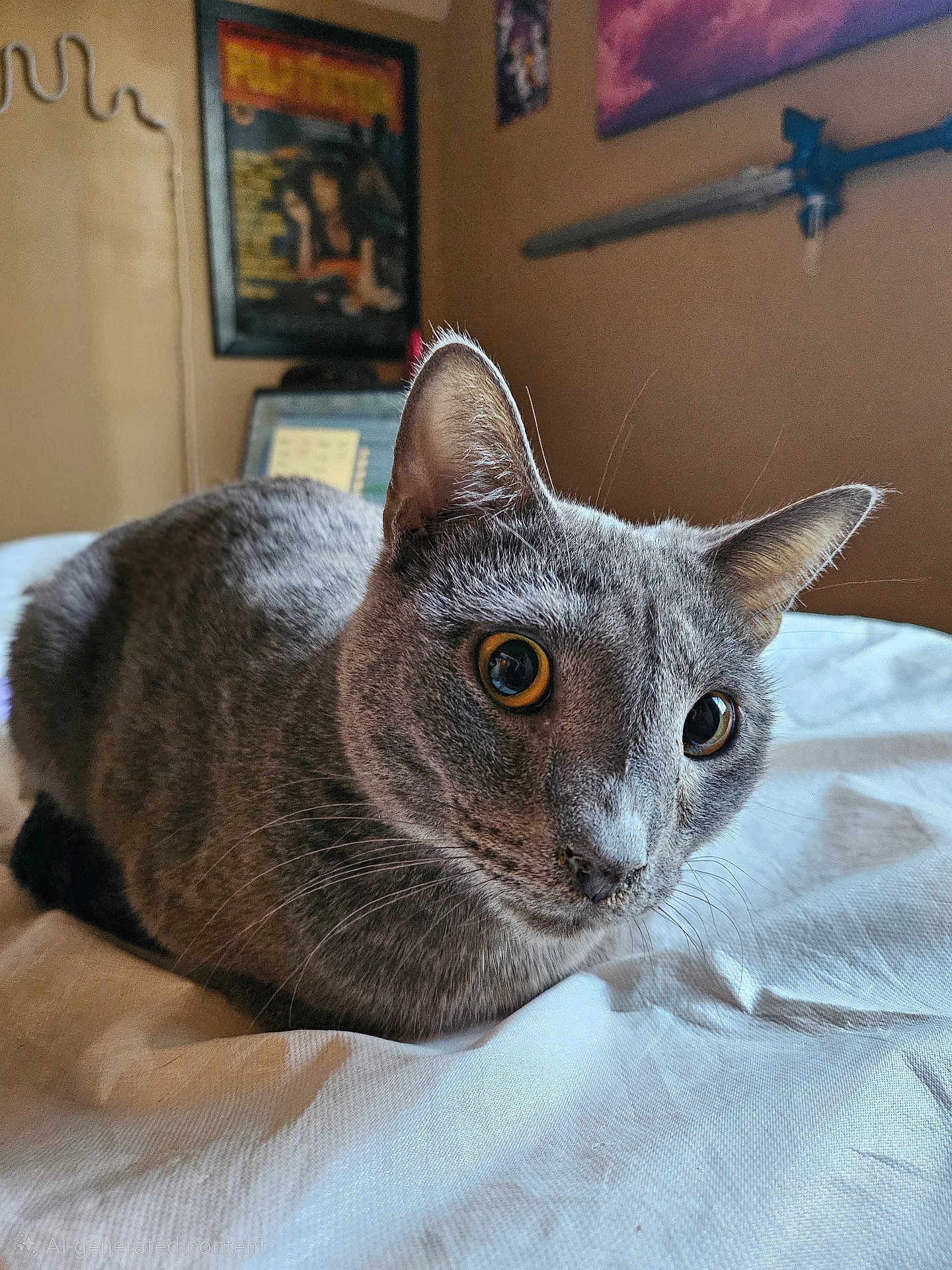 Rysand Georgia joined the competition — help win amazing prizes! bed, bedding, bedroom_wall_art, cat, close_up, curious, domestic, ears, feline, fur, gray_cat, indoor, large_eyes, muzzle, pet, portrait, resting, sheet, whiskers, yellow_eyes