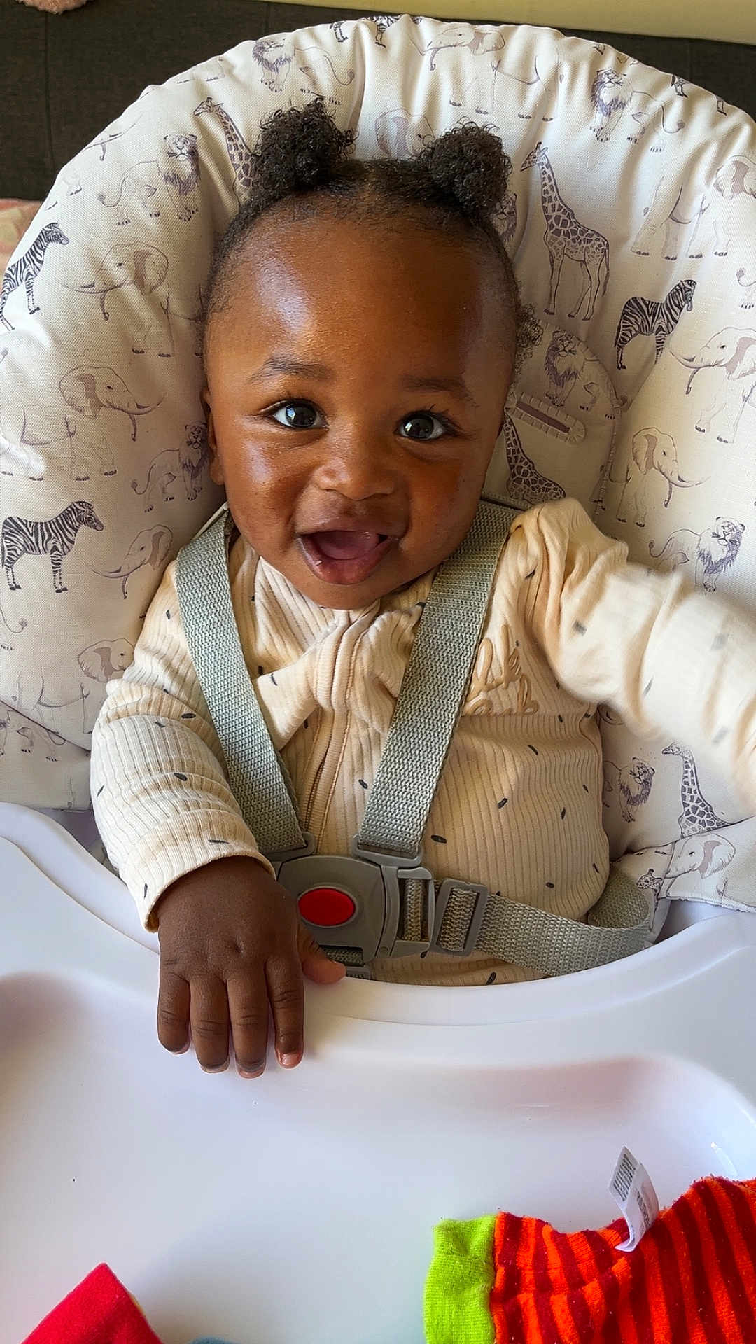 Noah is registered to the contest to win money with this photo: baby, child, high_chair, animal_print, smiling, happy, curly_hair, hand, clothing, seat_belt, face, indoor, infant, cute, playful, colorful, sock, fabric, person, portrait