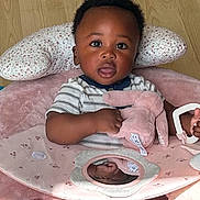 Noah joined the competition — help win amazing prizes! baby, child, comfort, curious, cushion, feet, floor, hand, indoors, infant, legs, mirror, person, pink, plush_toy, skin, soft, striped_clothing, support, teether