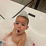 Wrenley joined the competition — help win amazing prizes! toddler, bath, bathtub, bubbles, foam, child, water, skin, cute, fun, playful, expression, face, head, earrings, indoor, bathroom, clean, wet, bubble_hat