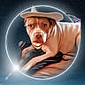 animal, artistic, background, brown_dog, circle, cosmic, cute, digital_art, dog, fantasy, futuristic, glowing, hat, hat_feather, illustration, lying_down, pet, portrait, space, whimsical