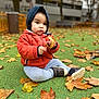toddler, child, autumn, leaves, orange_jacket, hood, outdoor, playground, curious, fall, sitting, leaf, shoes, green_floor, daylight, nature, young_child, casual_clothing, seasonal, urban_background