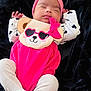 adorable, baby, bear_applique, child, closeup, cozy, cute, hands_up, headband, heart_sunglasses, indoors, infant, peaceful, pink_clothing, portrait, resting, sleeping, soft_blanket, toddler, white_pants