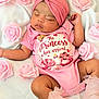 baby, sleeping, pink, headband, flower, onesie, text, roses, blanket, infant, cute, newborn, soft, peaceful, portrait, child, clothing, skin, hand, footwear