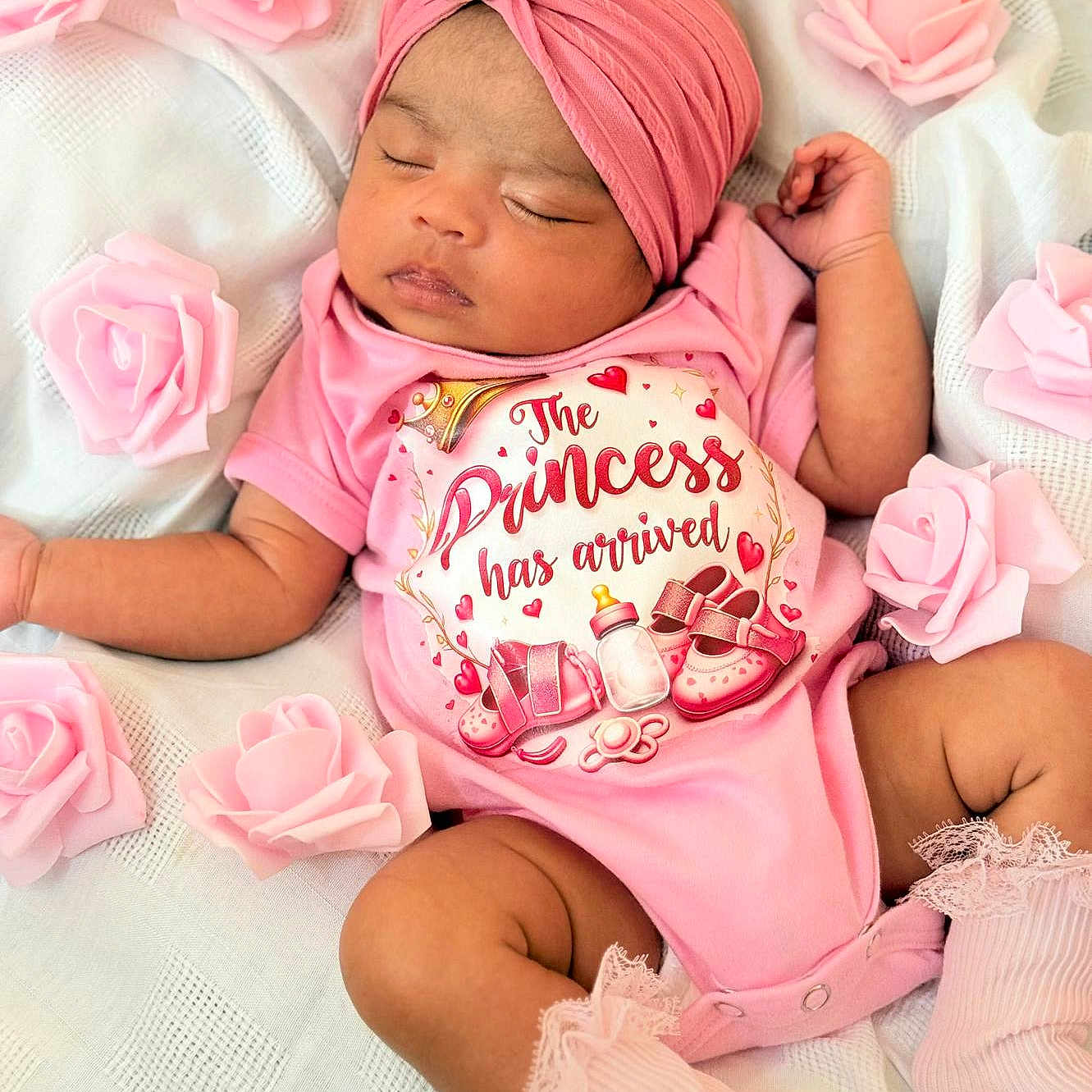 Jannatul Firdaus is registered to the contest to win money with this photo: baby, blanket, child, clothing, cute, flower, footwear, hand, headband, infant, newborn, onesie, peaceful, pink, portrait, roses, skin, sleeping, soft, text