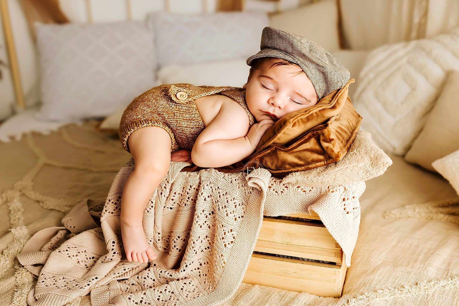 Simon a rejoint le concours — aidez-le/la à gagner de superbes lots ! baby, beige, blanket, brown_cap, child, comfort, cozy, cute, indoor, infant, knitted_clothing, peaceful, pillow, portrait, relaxing, resting, sleeping, soft_texture, warm, wooden_crate