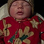 Knox joined the competition — help win amazing prizes! baby, sleeping, hat, knitted_hat, red_onesie, reindeer_pattern, christmas_tree_pattern, blanket, peaceful, infant, cozy, warm_clothing, child, portrait, indoors, night, cute, soft_texture, headwear, face