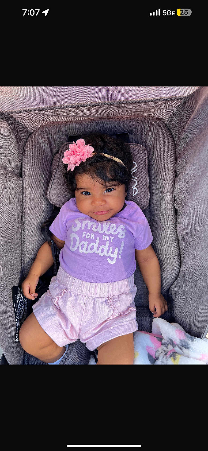 Girelis joined the competition — help win amazing prizes! baby, baby_girl, blanket, child, clothing, comfort, cushion, cute, face, flower, happy, headband, indoor, infant, person, pink_shorts, portrait, purple_shirt, smiling, stroller