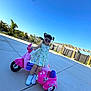 child, girl, toy_scooter, pink, purple_sunglasses, pigtails, dress, white_sneakers, outdoor, sunny, concrete, play, smile, fun, fence, garden, blue_sky, trees, sidewalk, happy