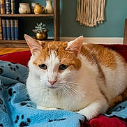 Scooby a rejoint le concours — aidez-le/la à gagner de superbes lots ! blanket, books, cat, cozy, domestic_animal, feline, fur, home_interior, indoor, macrame, orange_and_white, paw_prints, pet, pottery, red_cushion, relaxed, resting, shelf, wall_hanging, whiskers