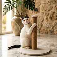 Saphir a rejoint le concours — aidez-le/la à gagner de superbes lots ! animal, black_and_white, cat, cozy, curious, decor, domestic, feline, flooring, home_interior, indoor, marble_floor, natural_light, pet, plant, playful, scratching_post, stone_wall, vase, white_cat