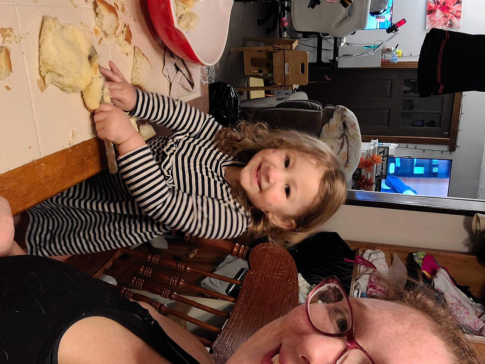 Gabriella joined the competition — help win amazing prizes! chair, child, event, eyewear, finger, fun, human_leg, joy, lap, mouth, nail, pattern, person, room, sitting, smile, t_shirt, television, thigh, thumb