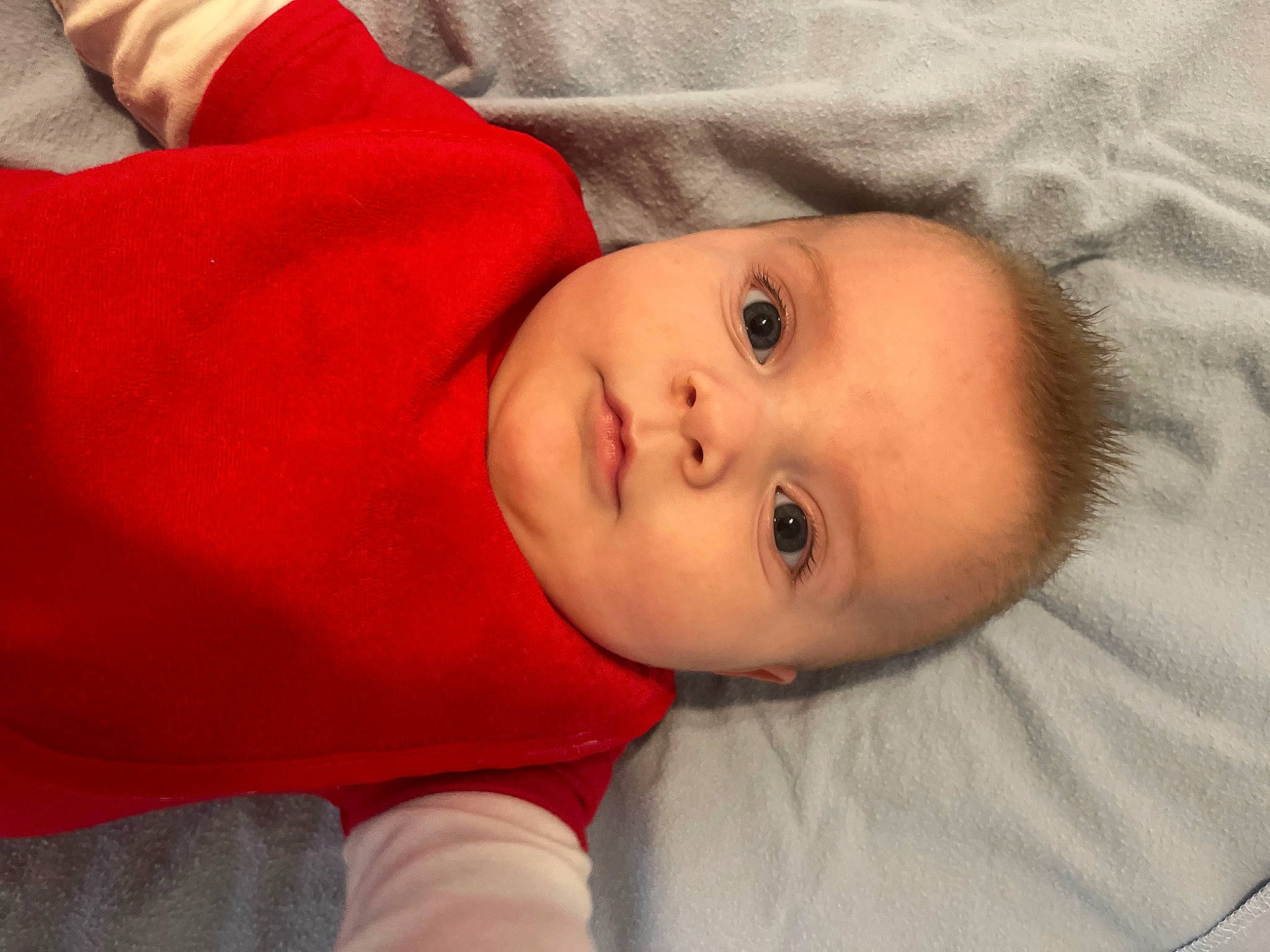 Brian is registered to the contest to win money with this photo: baby, baby_toddler_clothing, carmine, cheek, child, chin, close_up, comfort, eye, eyelash, face, fur, head, lip, no_expression, nose, person, portrait_photography, skin, sleeve