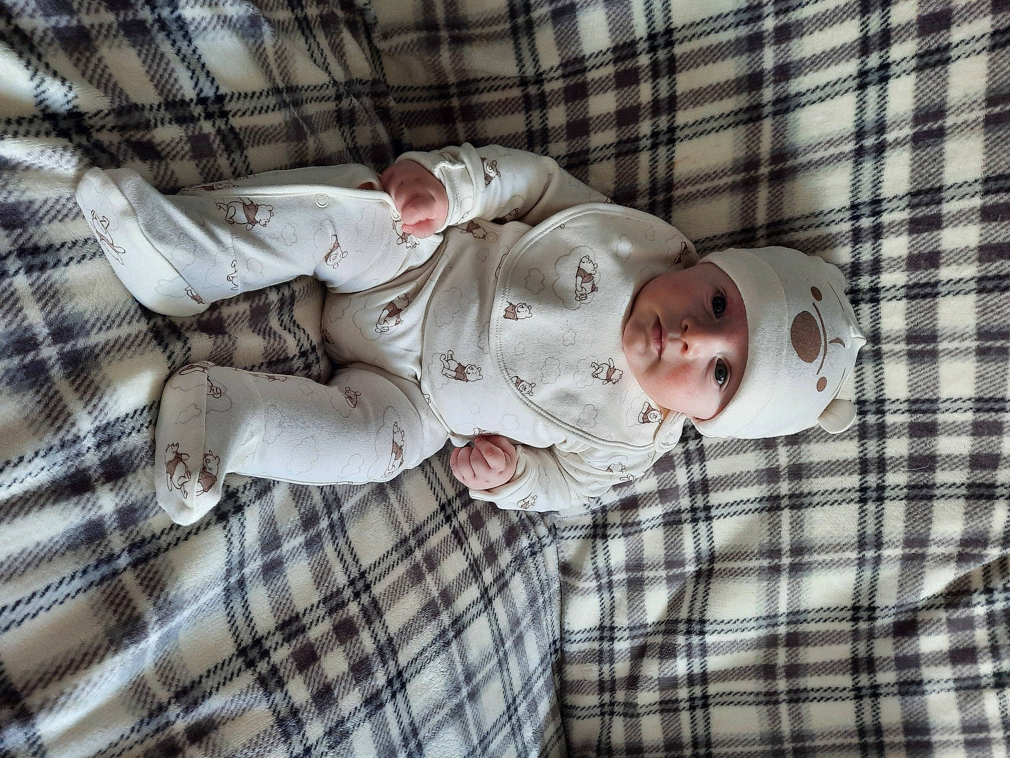 Jenson joined the competition — help win amazing prizes! baby, baby_products, baby_toddler_clothing, child, comfort, head, headwear, linens, mammal, pattern, person, plaid, room, sleeve, smile, tartan, toddler