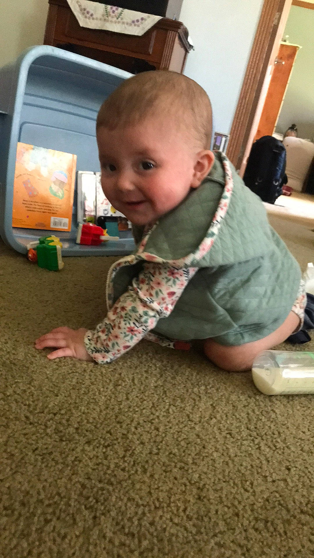 Piper joined the competition — help win amazing prizes! baby, baby_toddler_clothing, carpet, child, crawling, floor, flooring, fun, hardwood, head, person, play, product, room, sitting, skin, smile, standing, toddler, wood