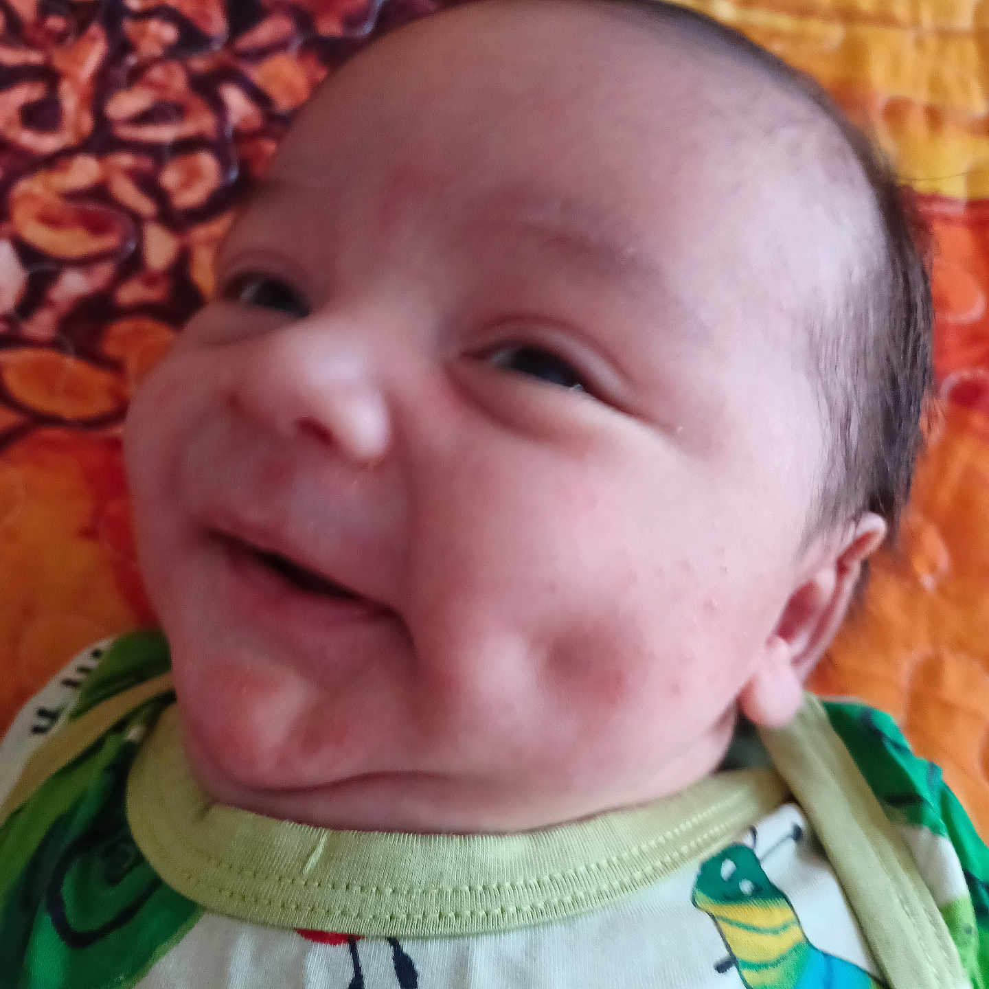 Brandon joined the competition — help win amazing prizes! baby, caterpillar, closeup, clothing, cute, dimple, face, green, happy, head, infant, leaf, lying, orange, pattern, portrait, quilt, red, skin, smile