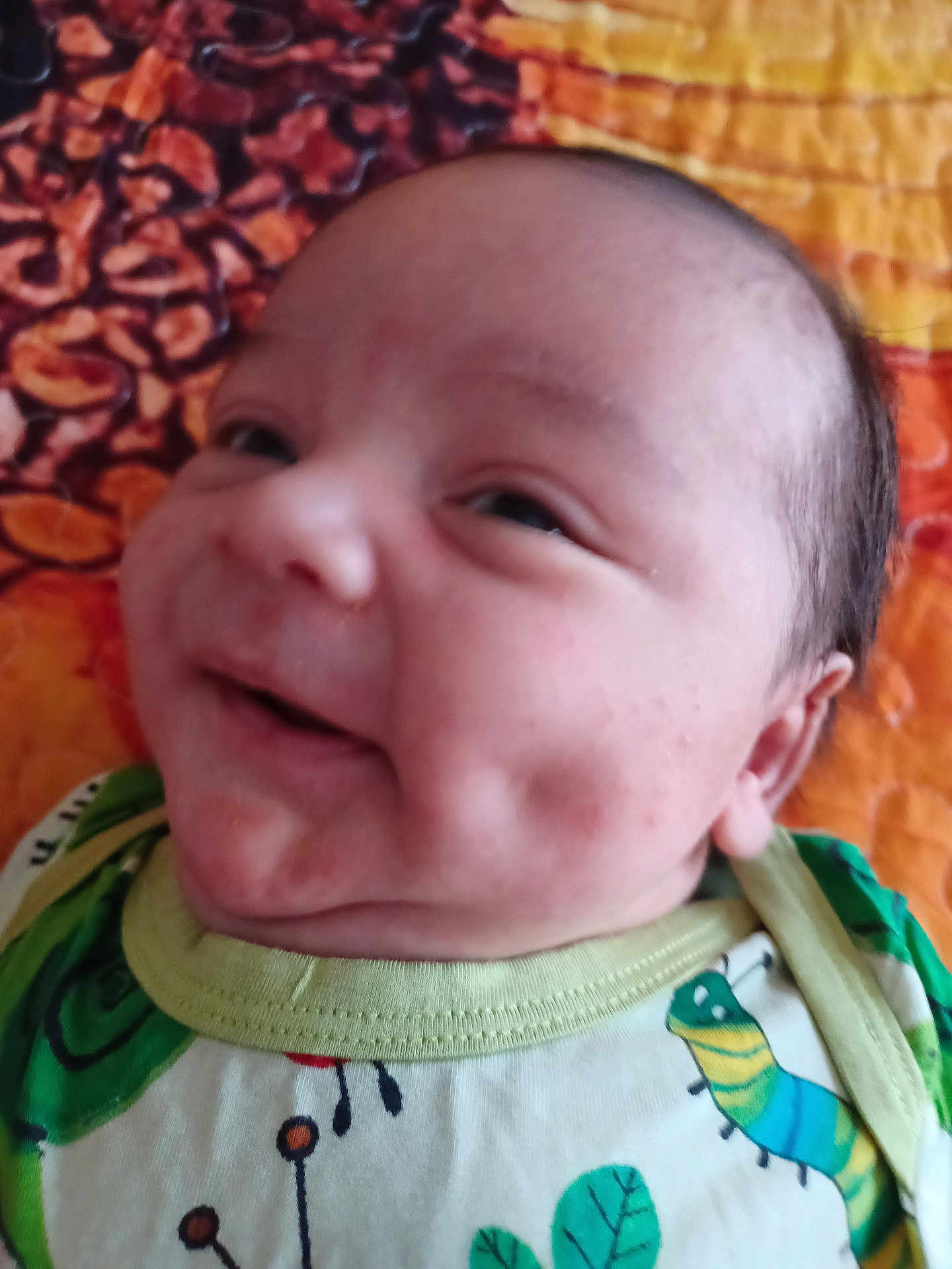 Brandon joined the competition — help win amazing prizes! baby, caterpillar, closeup, clothing, cute, dimple, face, green, happy, head, infant, leaf, lying, orange, pattern, portrait, quilt, red, skin, smile