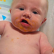 Jonah joined the competition — help win amazing prizes! baby, food, messy, face, blue_eyes, skin, mouth_open, infant, highchair, expression, feeding, child, cute, chubby, indoor, young, plump, closeup, pink_skin, curious