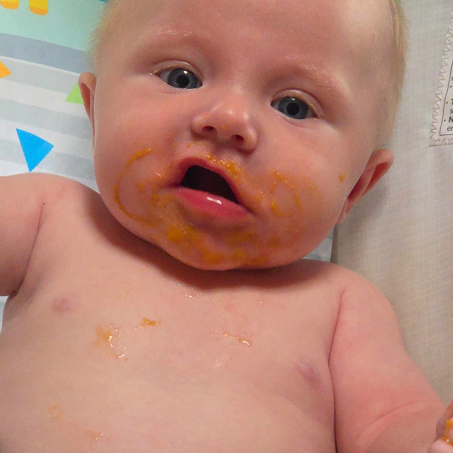 Jonah joined the competition — help win amazing prizes! baby, food, messy, face, blue_eyes, skin, mouth_open, infant, highchair, expression, feeding, child, cute, chubby, indoor, young, plump, closeup, pink_skin, curious
