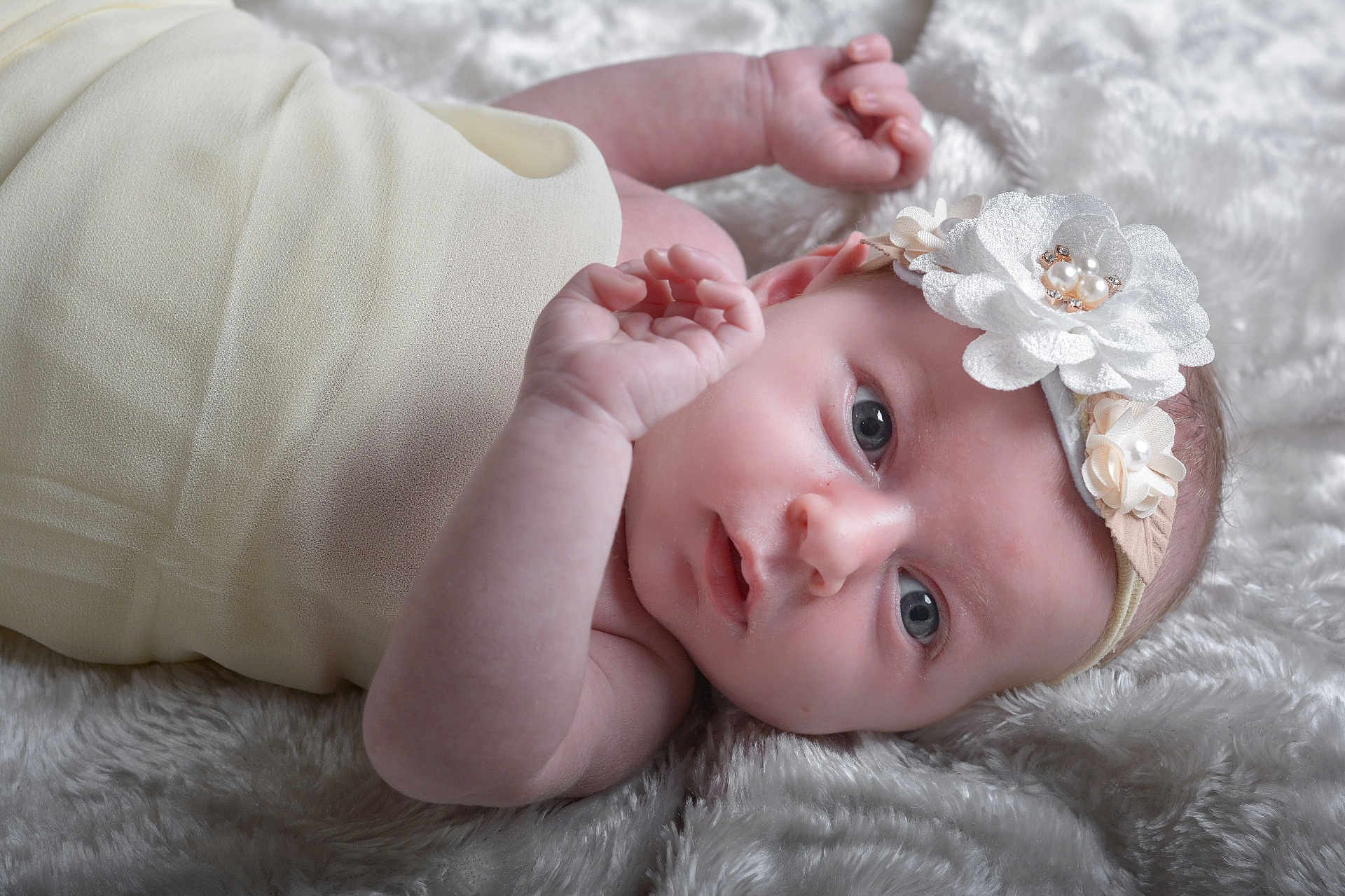 Rose participe au concours pour gagner de l'argent avec cette photo : baby, infant, face, headband, flower, pearl, blanket, soft_texture, skin, eyes, cute, newborn, lying_down, baby_clothes, portrait, closeup, child, adorable, peaceful, indoor
