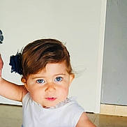 Luna a rejoint le concours — aidez-le/la à gagner de superbes lots ! toddler, child, blue_eyes, white_dress, hair_accessory, indoor, floor, wall, person, holding_hand, curious, portrait, young_child, baby, cute, face, head, skin, expression, watch