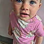 Eliza is registered to the contest to win money with this photo: toddler, child, blue_eyes, pink_pajamas, dog_print, barefoot, indoor, standing, curious, face, person, clothing, floor, wall, cute, young_child, portrait, expression, casual, home
