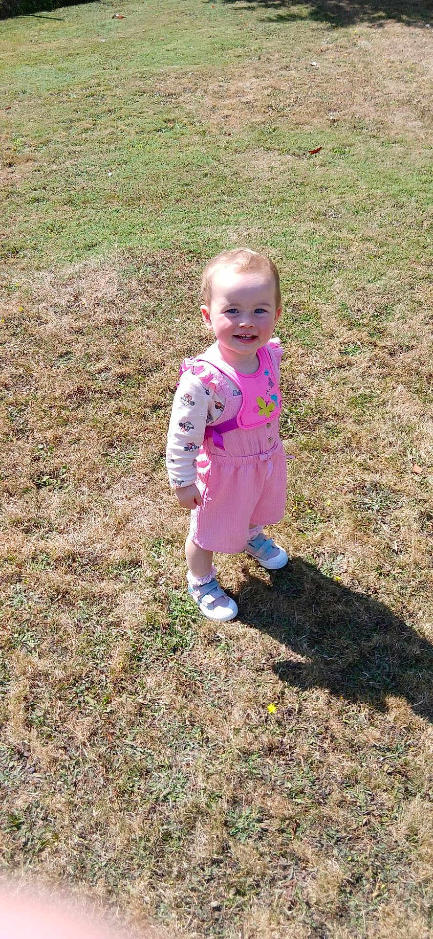 Eliza joined the competition — help win amazing prizes! baby, casual_clothing, child, cute, daylight, footwear, grass, happy, nature, outdoor, person, pink_clothing, playful, shadow, smiling, standing, sunlight, sunny, toddler, young_child