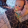 baby, bed, blanket, child, comfort, cute, fabric, face, geometric_pattern, hand, head, indoors, infant, pacifier, person, pillow, relaxed, resting, sleepwear, soft