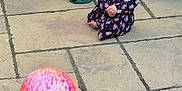 Eliza is registered to the contest to win money with this photo: backyard, ball, barefoot, bin, casual_clothing, cement, child, curious, daylight, outdoor, owl_statue, pacifier, patterned_dress, person, playful, sitting, stone_patio, toddler, toy, young_child