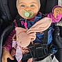 baby, child, pacifier, headband, blue_eyes, car_seat, straps, plush_toy, bunny, pink_clothing, denim, infant, cute, soft_toy, toddler, sitting, comfort, indoor, portrait, hands