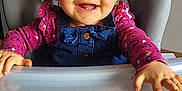 Judith participe au concours pour gagner de l'argent avec cette photo : baby, child, smiling, high_chair, denim_overalls, pink_shirt, indoor, face, hands, happy, cute, infant, table, blue_eyes, person, toddler, furniture, portrait, clothing, skin