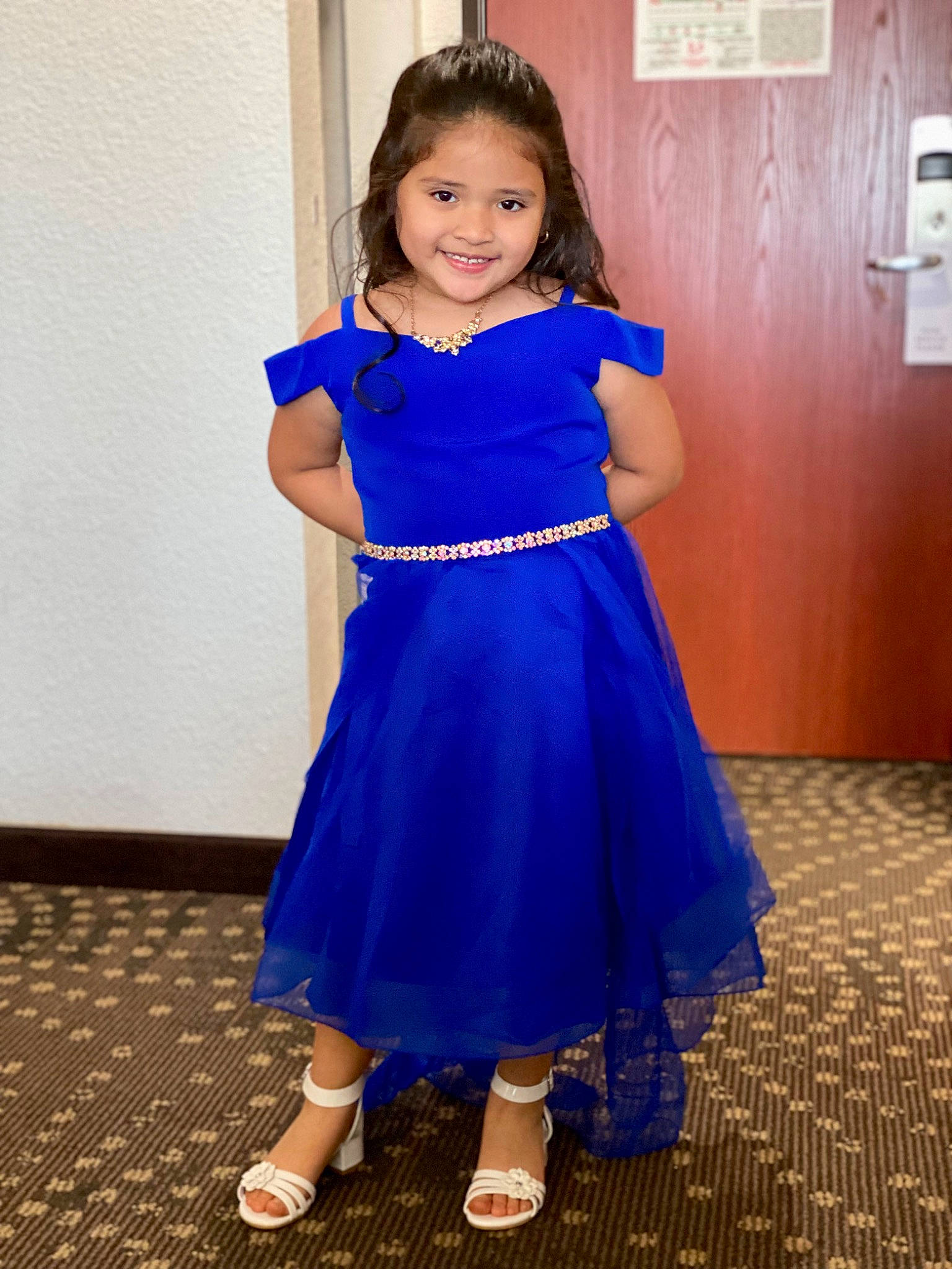 Raelyn is registered to the contest to win money with this photo: day_dress, dress, electric_blue, event, face, fashion_design, flooring, formal_wear, gown, happy, joy, long_hair, neck, one_piece_garment, pattern, person, purple, sleeve, smile, toddler