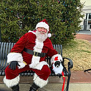 Charlie joined the competition — help win amazing prizes! santa_claus, dog, bench, christmas_tree, holiday, costume, outdoor, festive, beard, red_clothing, black_gloves, leash, grass, sidewalk, building, lights, hat, smile, person, pet
