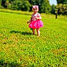 blue_sky, child, clouds, daytime, family_photography, grass, greenery, hair_bow, meadow, outdoor, park, pink_dress, portrait, smiling, standing, sunlight, toddler, trees, tutu, walking
