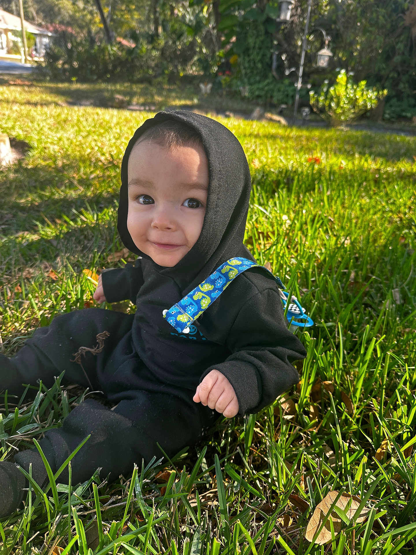 Josiah is registered to the contest to win money with this photo: toddler, child, grass, outdoor, hoodie, black_clothing, baby, nature, sunlight, greenery, cute, smile, sitting, daylight, person, young_child, casual_wear, face, happy, playful