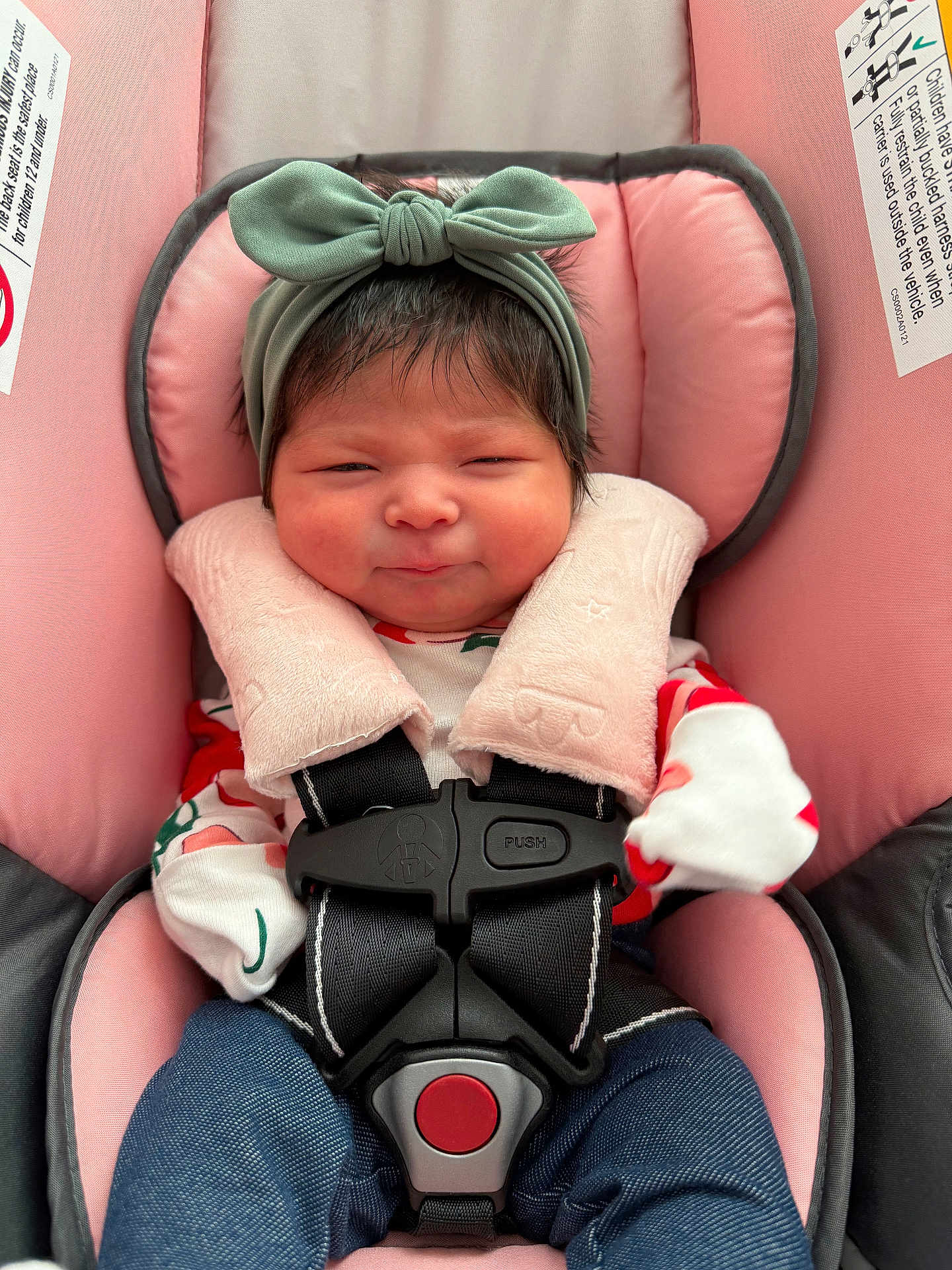 Saelyn is registered to the contest to win money with this photo: baby, infant, car_seat, headband, pink, straps, clothing, smile, face, child, cute, indoors, seatbelt, safety, adorable, young_child, closeup, person, baby_clothes, funny_expression