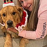 Maxwell is registered to the contest to win money with this photo: animal, christmas_hat, couch, cozy, decor, dog, face, festive, friendship, furniture, golden_retriever, holiday, indoor, long_hair, pet, pink_sweatshirt, portrait, relaxing, smile, woman