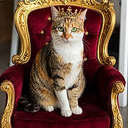 Muezza a rejoint le concours — aidez-le/la à gagner de superbes lots ! cat, crown, throne, chair, red_velvet, gold_detail, pet, animal, indoor, portrait, feline, sitting, green_eyes, calm, regal, luxury, decor, royalty, fur, whiskers