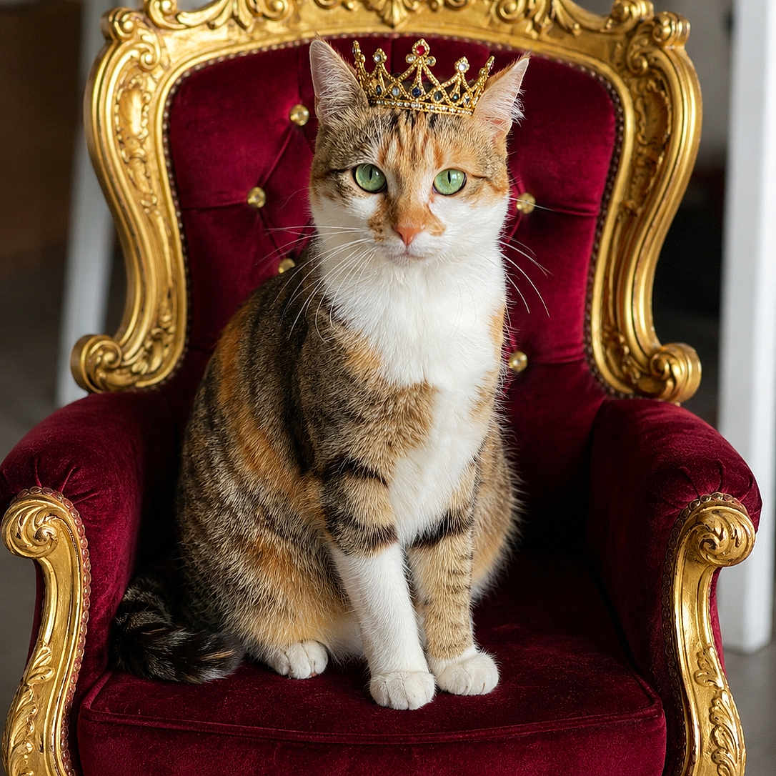 Muezza a rejoint le concours — aidez-le/la à gagner de superbes lots ! cat, crown, throne, chair, red_velvet, gold_detail, pet, animal, indoor, portrait, feline, sitting, green_eyes, calm, regal, luxury, decor, royalty, fur, whiskers
