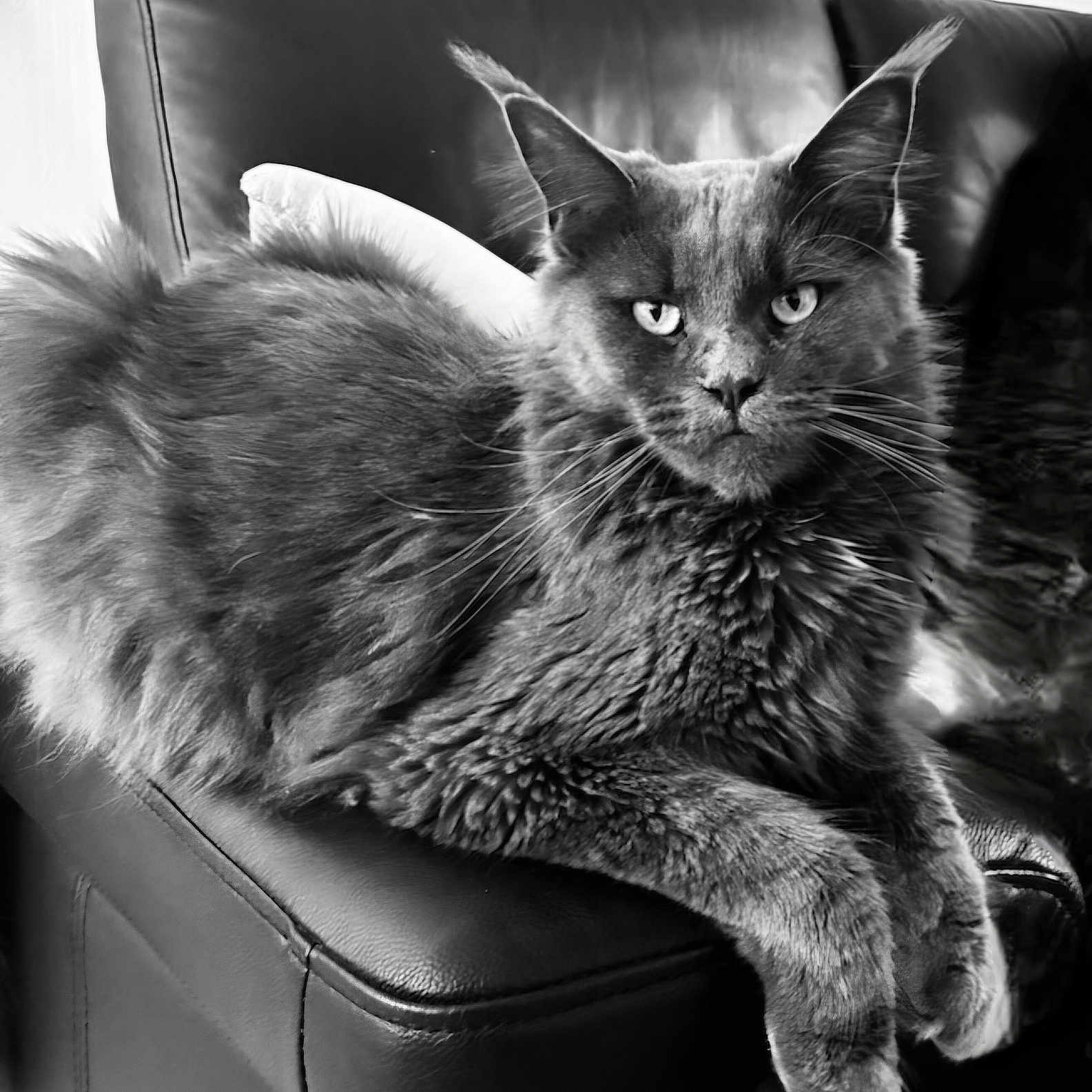 Xena participe au concours pour gagner de l'argent avec cette photo : cat, fluffy, lounging, leather_couch, black_and_white, pet, feline, fur, relaxing, indoor, animal, portrait, whiskers, ears, paws, sofa, domestic, eyes, texture, closeup