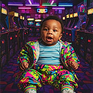 Antoine joined the competition — help win amazing prizes! baby, child, arcade, retro, neon_lights, colorful, gaming, arcade_machines, vibrant_clothing, 90s_style, sneakers, floor_pattern, indoor, portrait, happy, smiling, sitting, playful, young_child, bright_colors