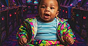 Antoine joined the competition — help win amazing prizes! 90s_style, arcade, arcade_machines, baby, bright_colors, child, colorful, floor_pattern, gaming, happy, indoor, neon_lights, playful, portrait, retro, sitting, smiling, sneakers, vibrant_clothing, young_child