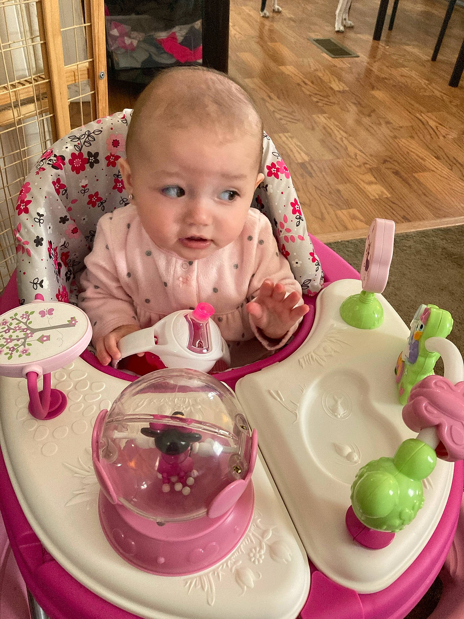 Gracelynn is registered to the contest to win money with this photo: baby, chair, cheek, child, coffee_cup, cup, dishware, drinkware, facial_expression, fun, person, pink, plate, porcelain, serveware, smile, table, tableware, teacup, teapot