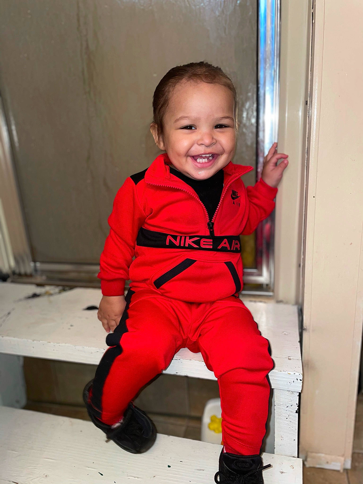 Taylen joined the competition — help win amazing prizes! arm, baby_toddler_clothing, cheek, chin, facial_expression, finger, floor, flooring, fun, happy, joint, joy, leg, mammal, nose, outerwear, person, shoulder, skin, sleeve